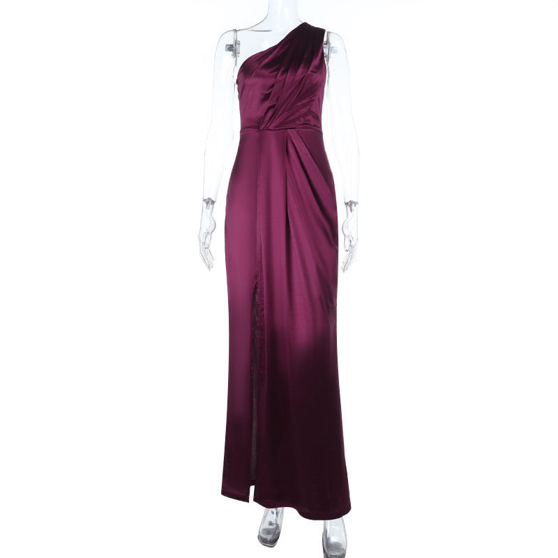 One Shoulder Attractive Slit Satin Dress Dress Women Maxi Dress