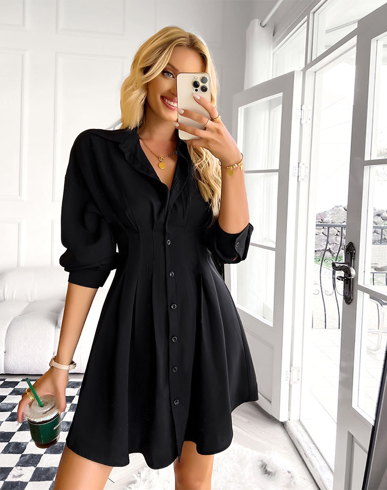 Pintuck Sarabeth Button Down Shirt Dress Black