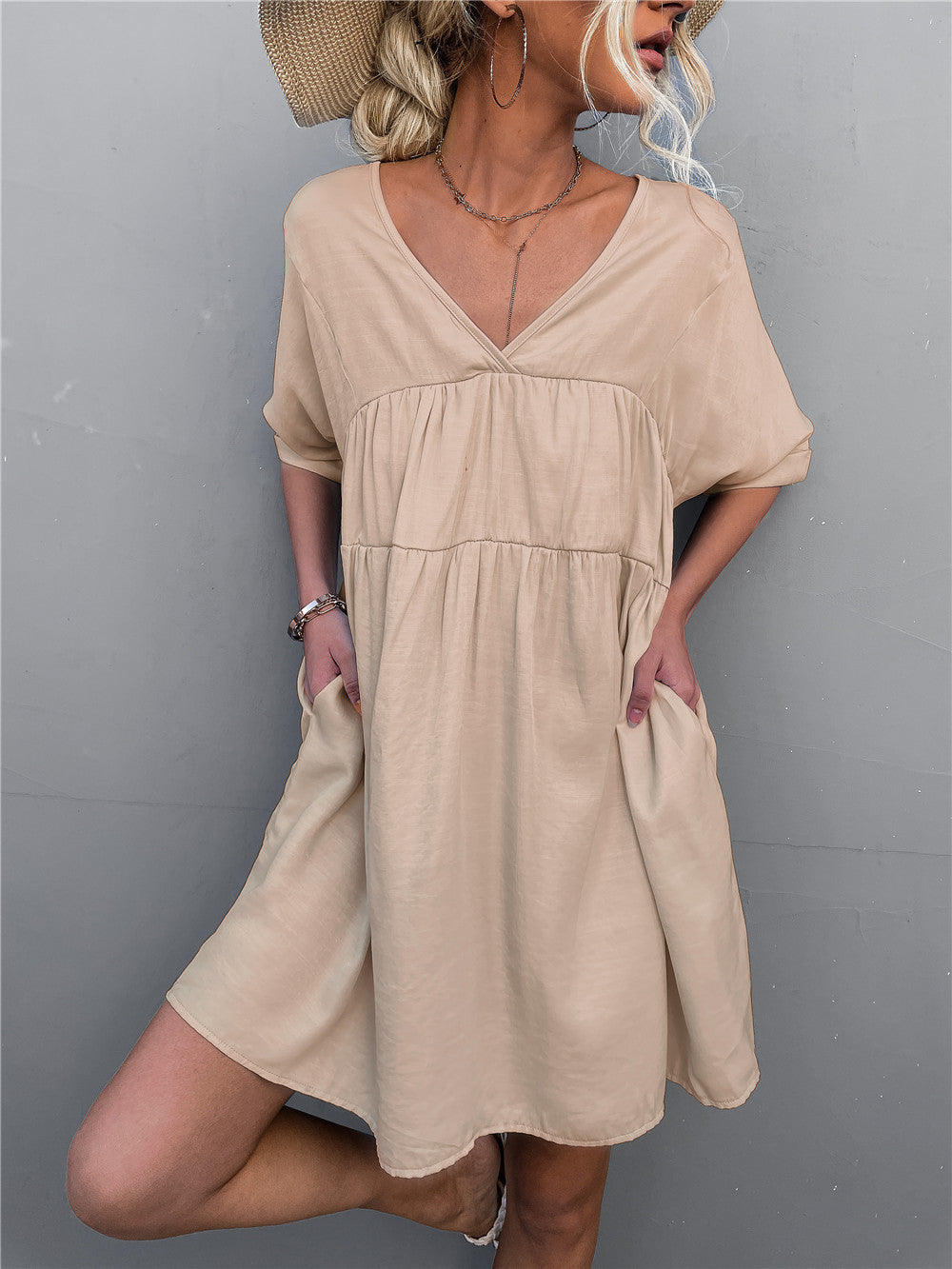Cotton Goodness Pocketed Babydoll Dress Khaki