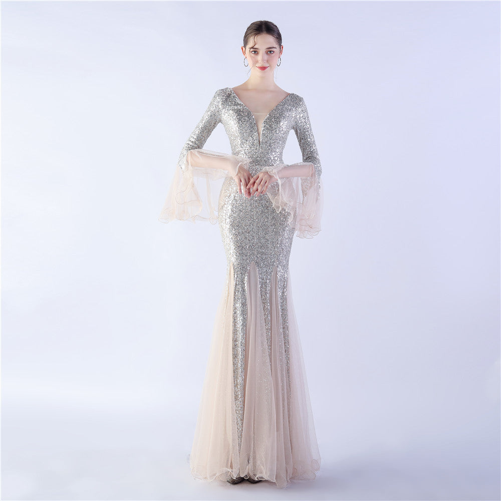 Fish Silk Wave Edge Craft Encryption Mesh Wedding Dinner Stage Sequined Evening Dress