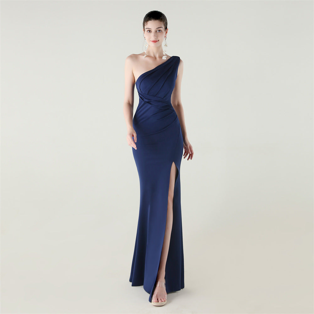 One Shoulder Slim Fit Satin Folding High Slit Chic Evening Dress Fishtail Dress Dinner Wedding Social Networking