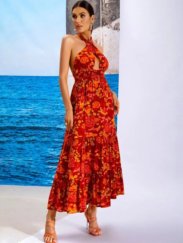 Plum Flower Backless Halter Mini Dress