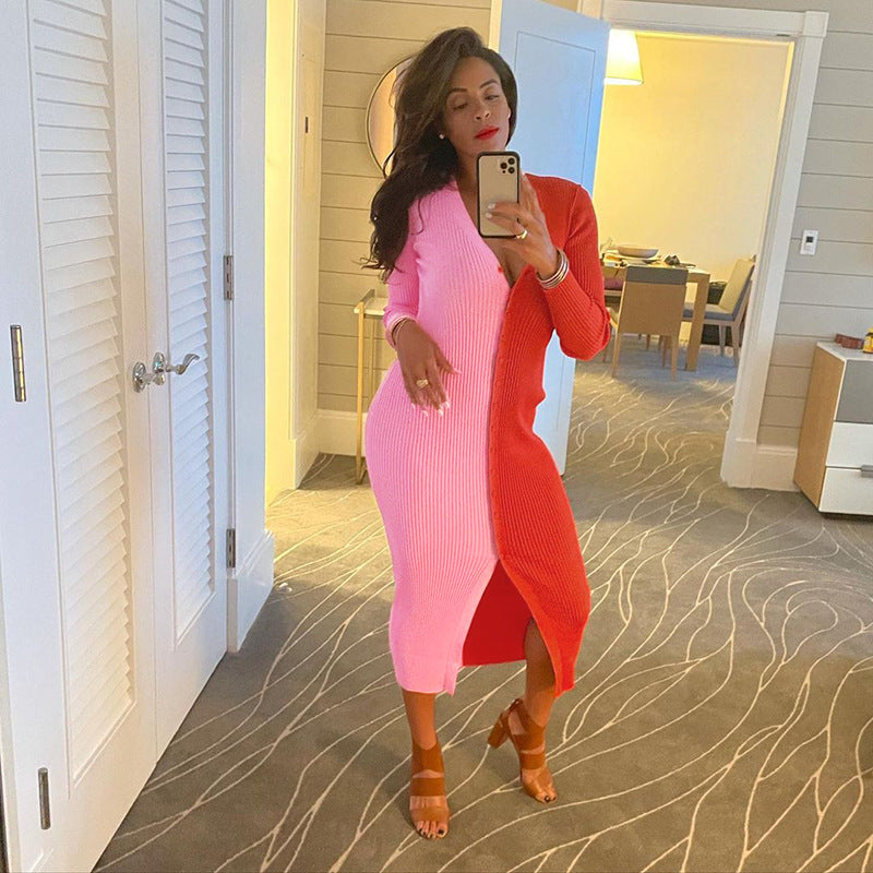 Colorblock Abril Button Front Knit Midi Dress Red Tan