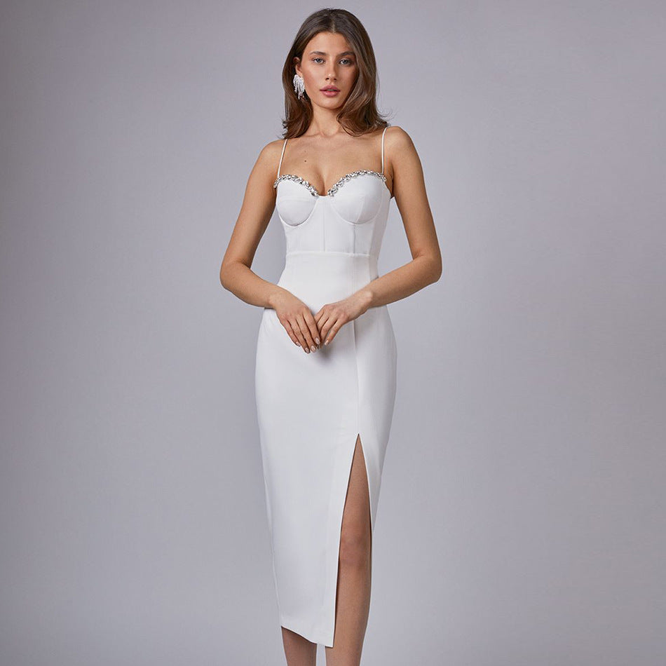 Mid Sleeveless Waist White Solid Color Sling Simple Dress Metal Corsage Annual Party Evening Dress