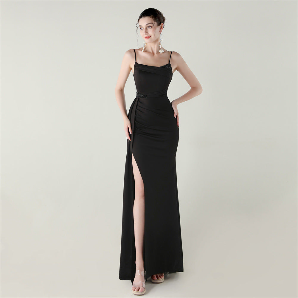 Bandeau Sling Satin Beaded Fishtail Evening Dress Dinner Wedding Dignified Sexy Graceful Dress