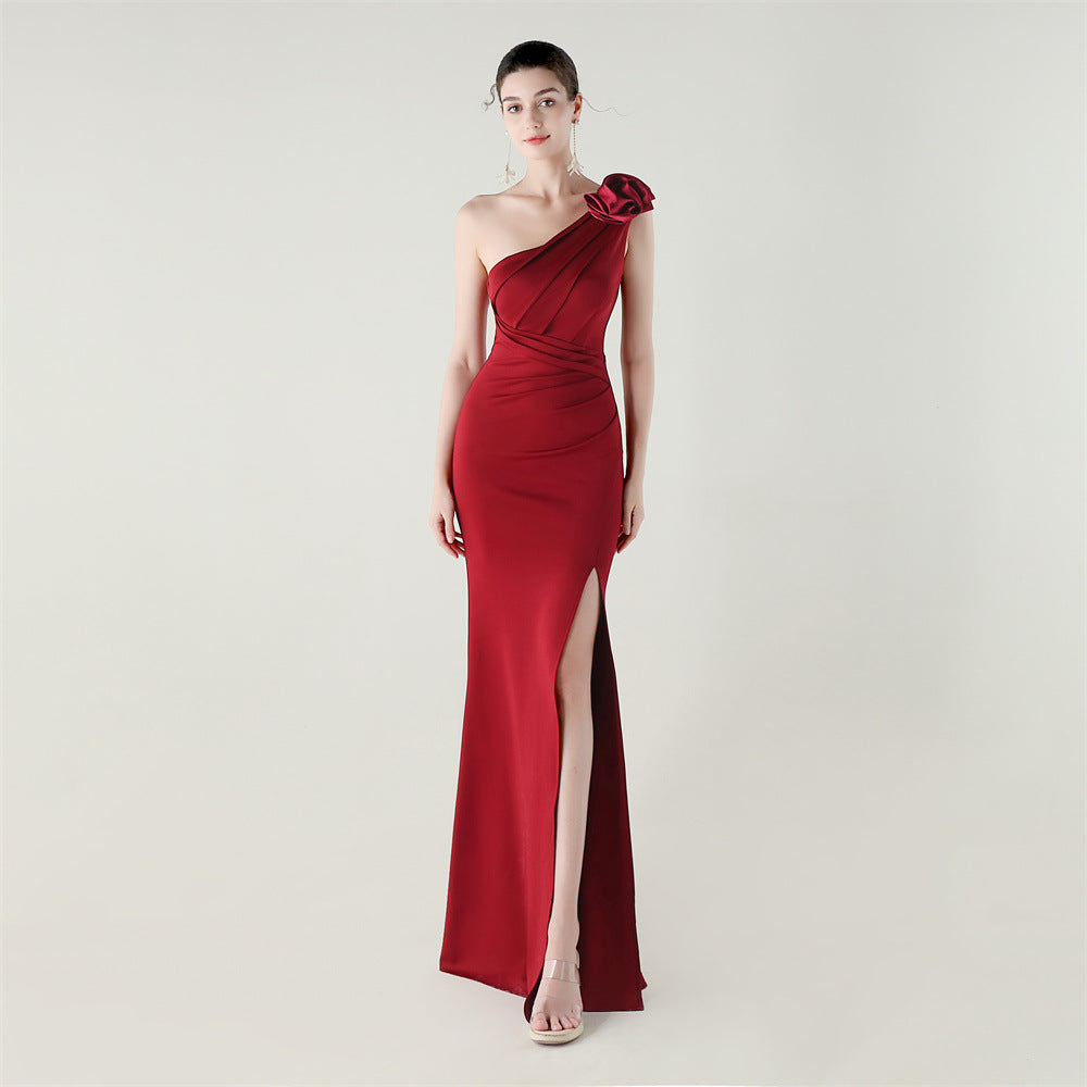 One Shoulder Three Dimensional Flower Satin Folding High Slit Sexy Evening Dress Dinner Wedding Social