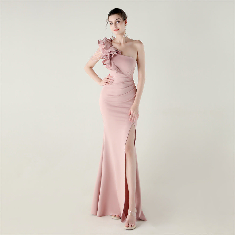 Single Shoulder Craft Beaded Nail Hair Wave Flower Satin High Slit Sexy Evening Dress Evening Cocktail Wedding