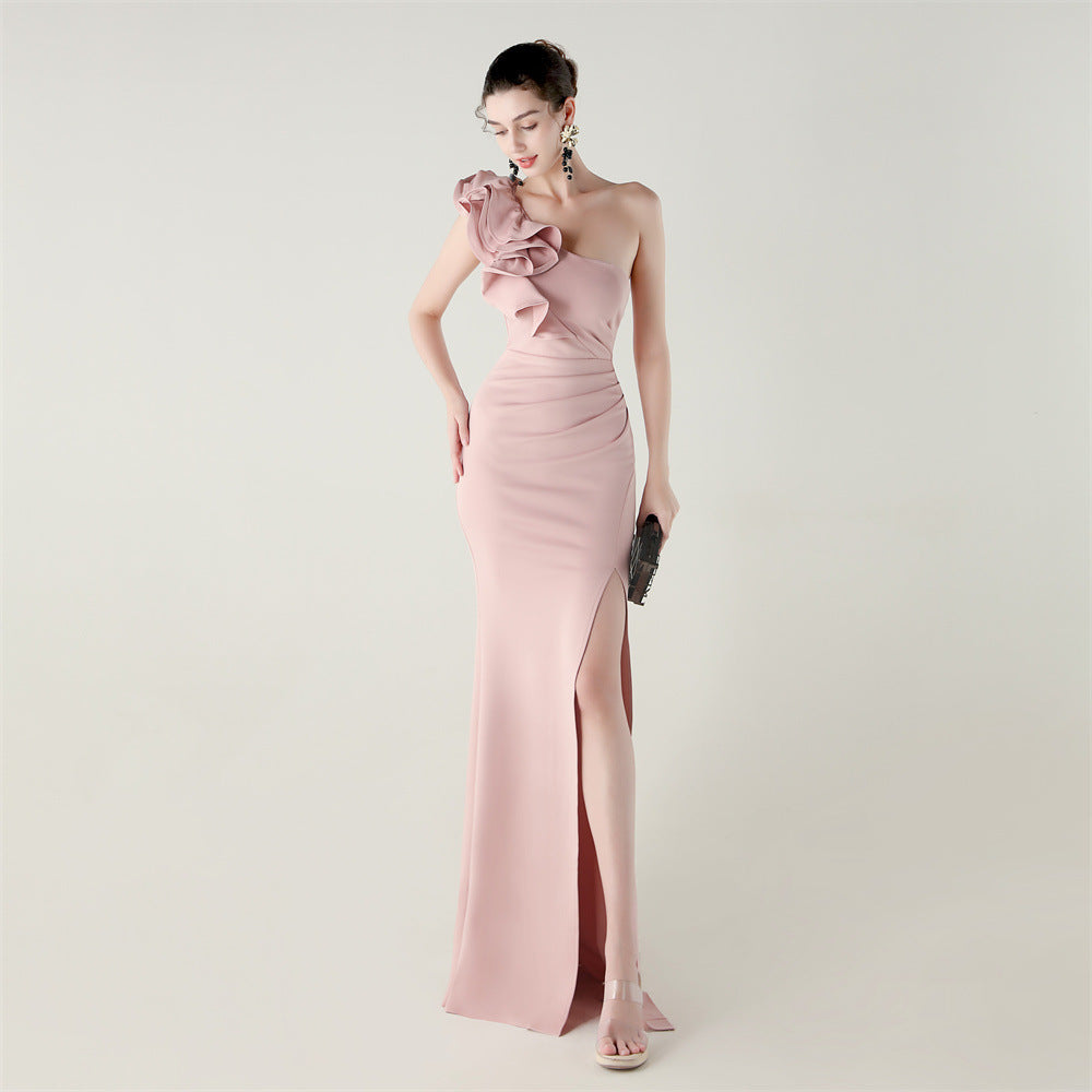 One Shoulder Craft Wave Flower Satin High Slit Sexy Evening Dress Dinner Party Wedding Social