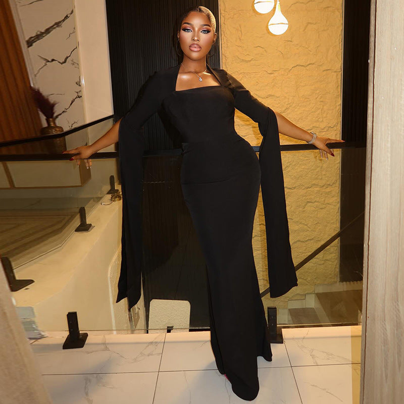 Solid Color Design Women Home Waist Hip off Neck Long Long-Sleeved Personalized Maxi Dress