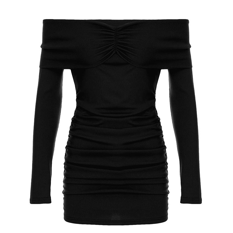 off Pleated the Shoulder Long Sleeve Slim Sheath Short Dress
