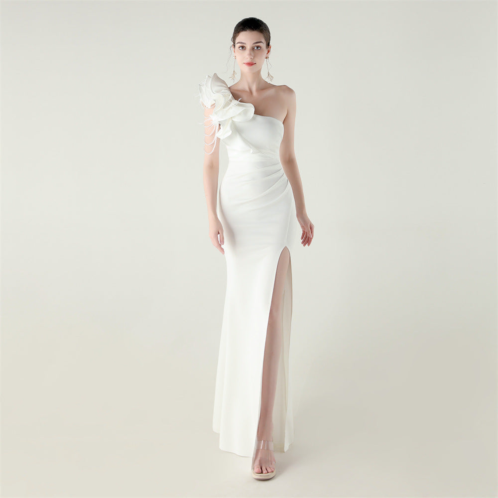 Single Shoulder Craft Beaded Nail Hair Wave Flower Satin High Slit Sexy Evening Dress Evening Cocktail Wedding