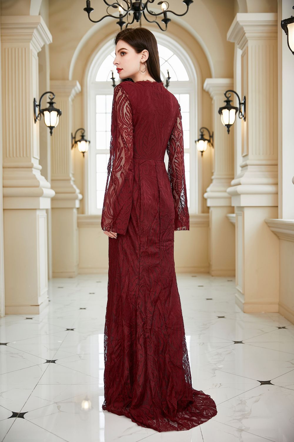 Women Clothing Lace Dress Wedding Bridesmaid Extended Sleeve V neck Slim Hip Wine Red Dress
