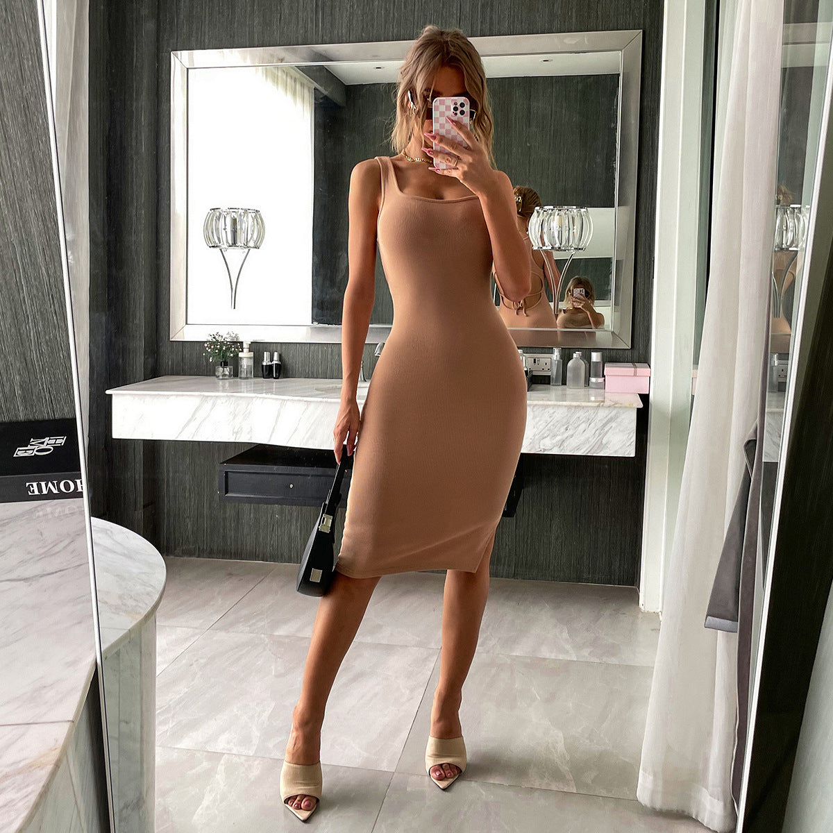 Cotton Sheldon Blend Sleeveless Ribbed Midi Dress Camel