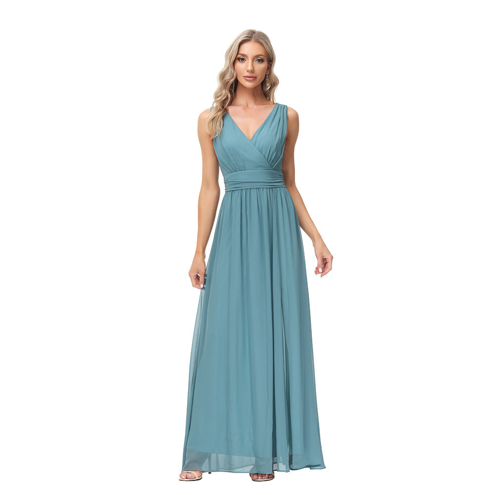 Women Chiffon Maxi Dress Double V Neck Sleeveless Swing Evening Dress Split Stretch Waistline Prom Gown