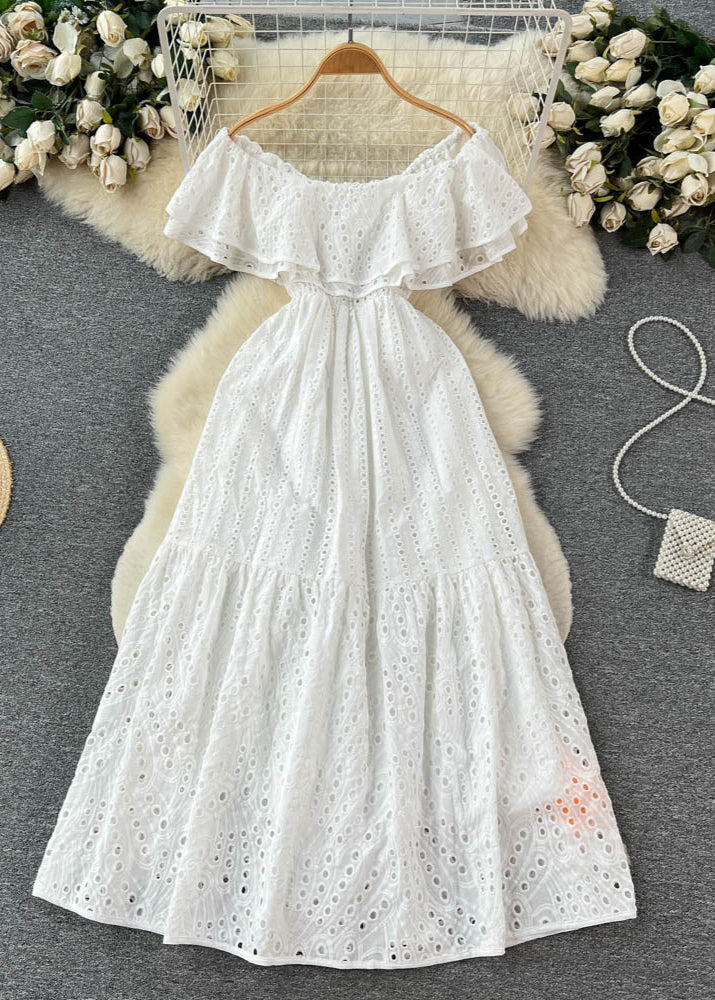 Eyelet Lunara Off-Shoulder Dress White Ruffle Midi