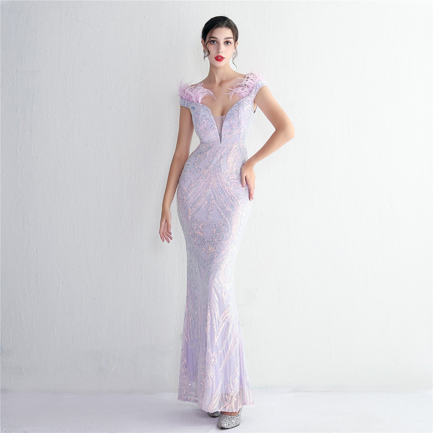High Density Three Dimensional Strong Sequin Positioning Botanical Craft Handmade Wool Cocktail Slim Fit Evening Dress