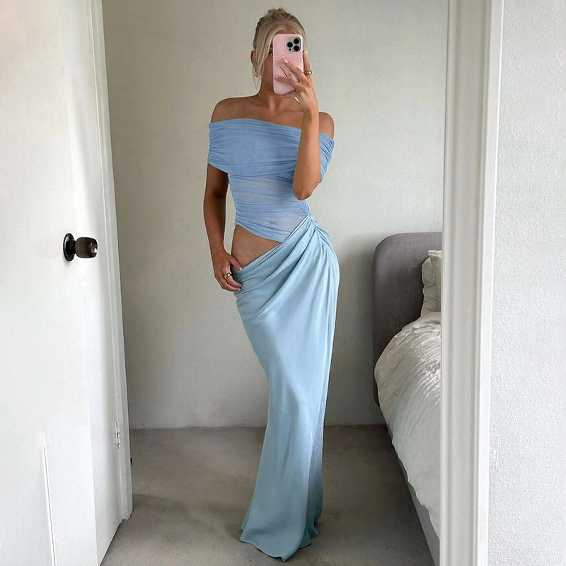 Neck off Mesh Stitching Waist Baring Slim Fit Pleated Hip Dress