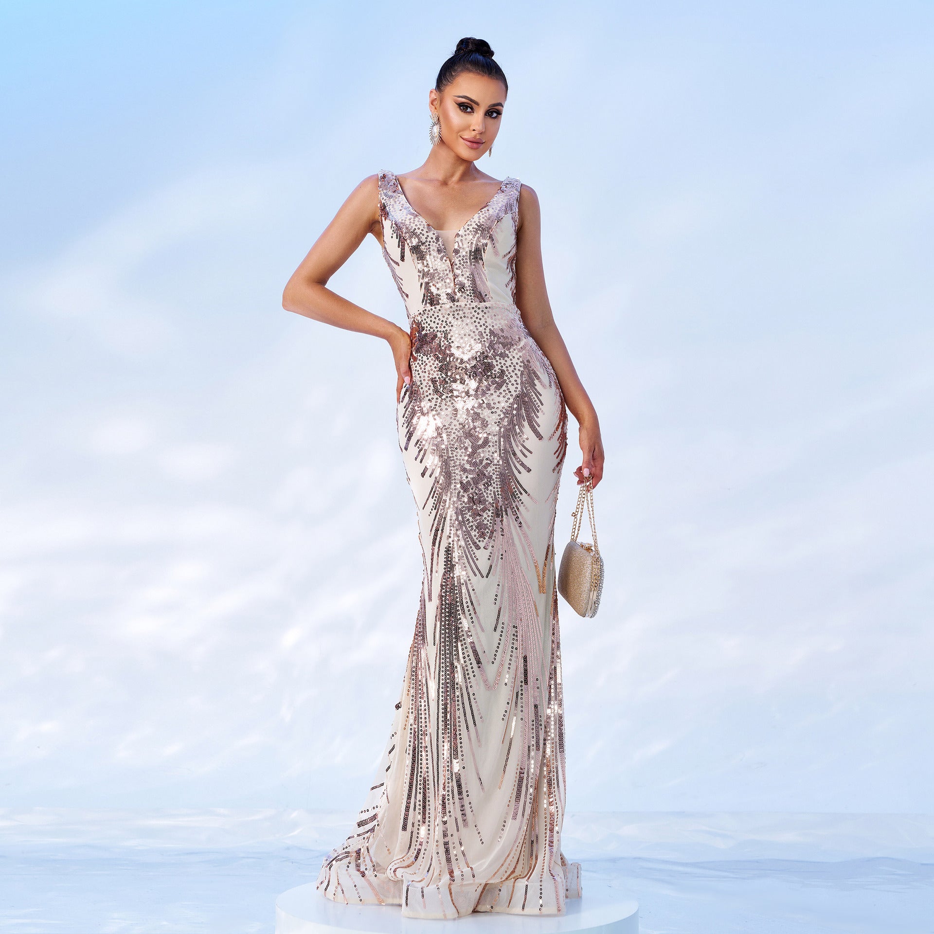 Strap Refined V neck Long Sequined Cocktail Fishtail Evening Dress Bridesmaid Dress