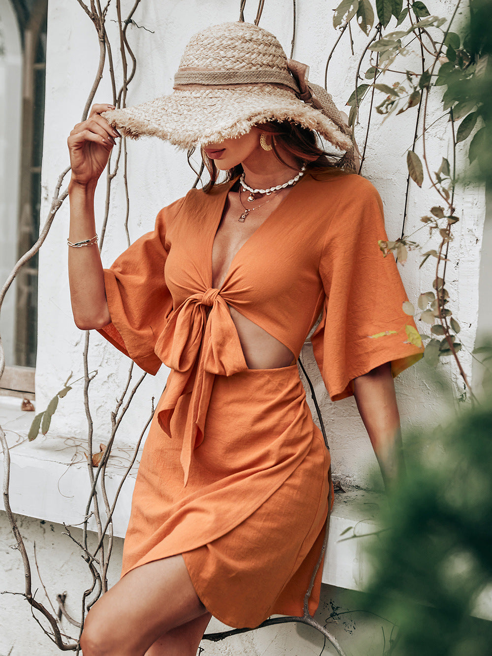 Linen Jenner Blend Tie Front Cutout Midi Dress Orange