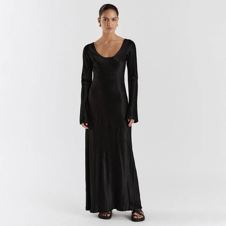 Autumn Winter Maxi Dress Women Solid Color Satin Round Neck Long Long-Sleeved Loose Casual Dress