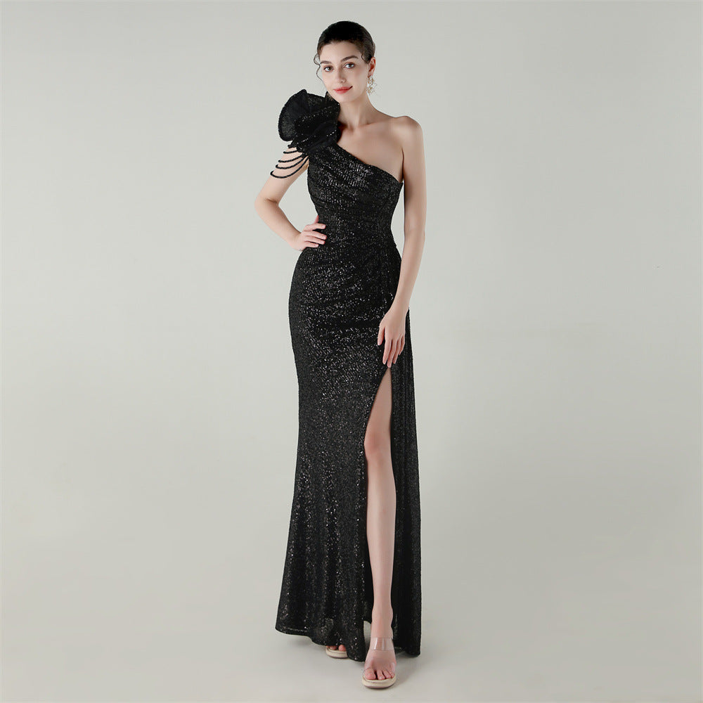Craft Flower Beaded One Shoulder Diagonal Collar Fishtail Evening Dress Dinner Wedding Awards Ceremony Social Dress