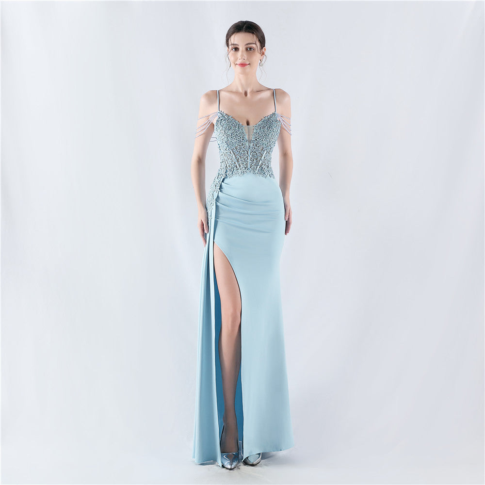 Dress Heavy Embroidery Drilling Order Flower Waist Boning Corset Beaded Satin Evening Dress Annual Meeting Wedding