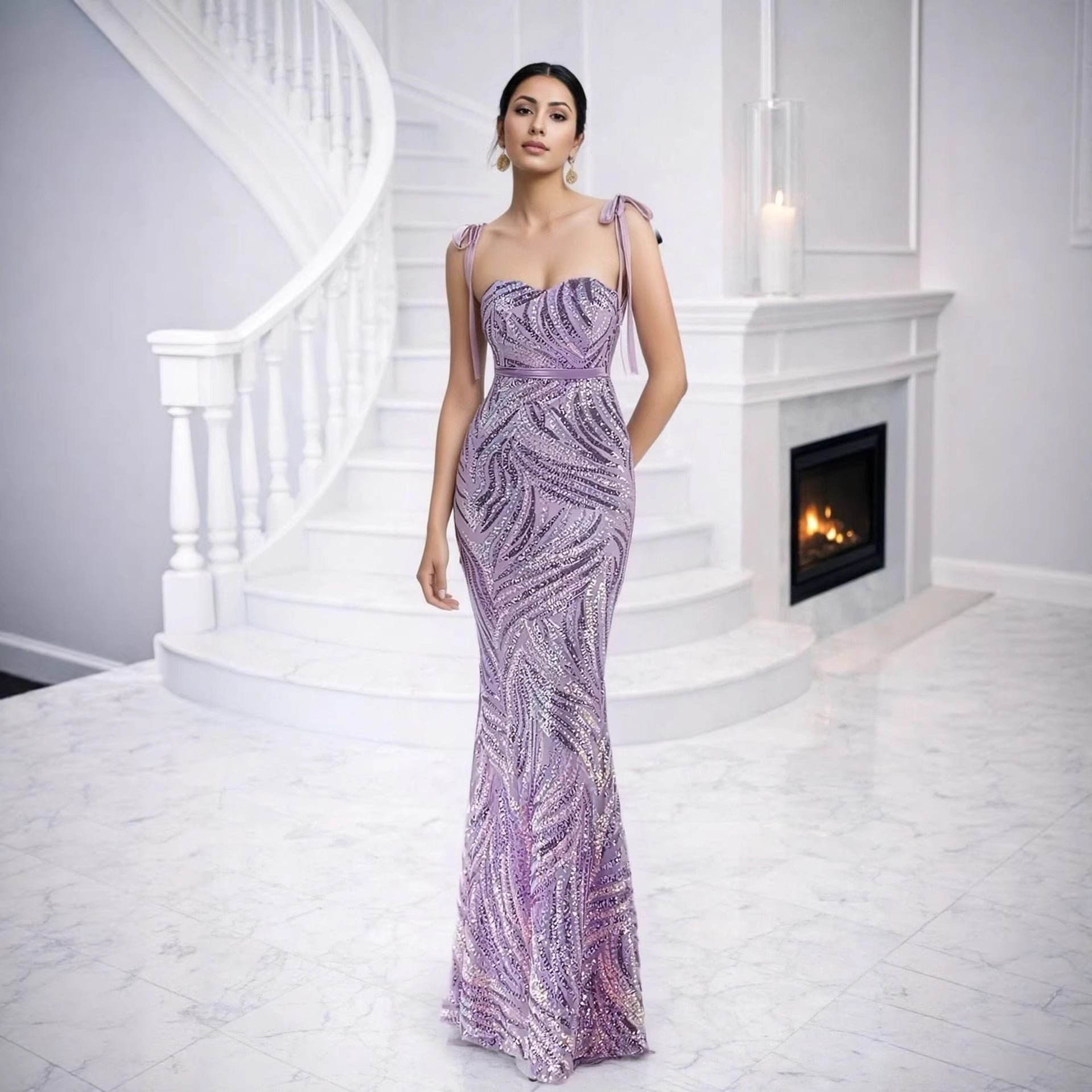 Women Clothing Sexy Sling Bandeau Slim Fit Evening Dress Graceful Graceful Maxi Dress Sequined Dress