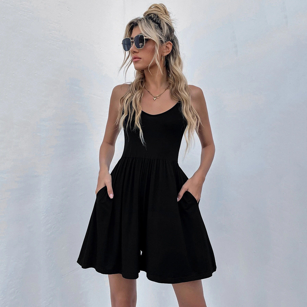 By Fine Me Pocketed Smocked Dress Black