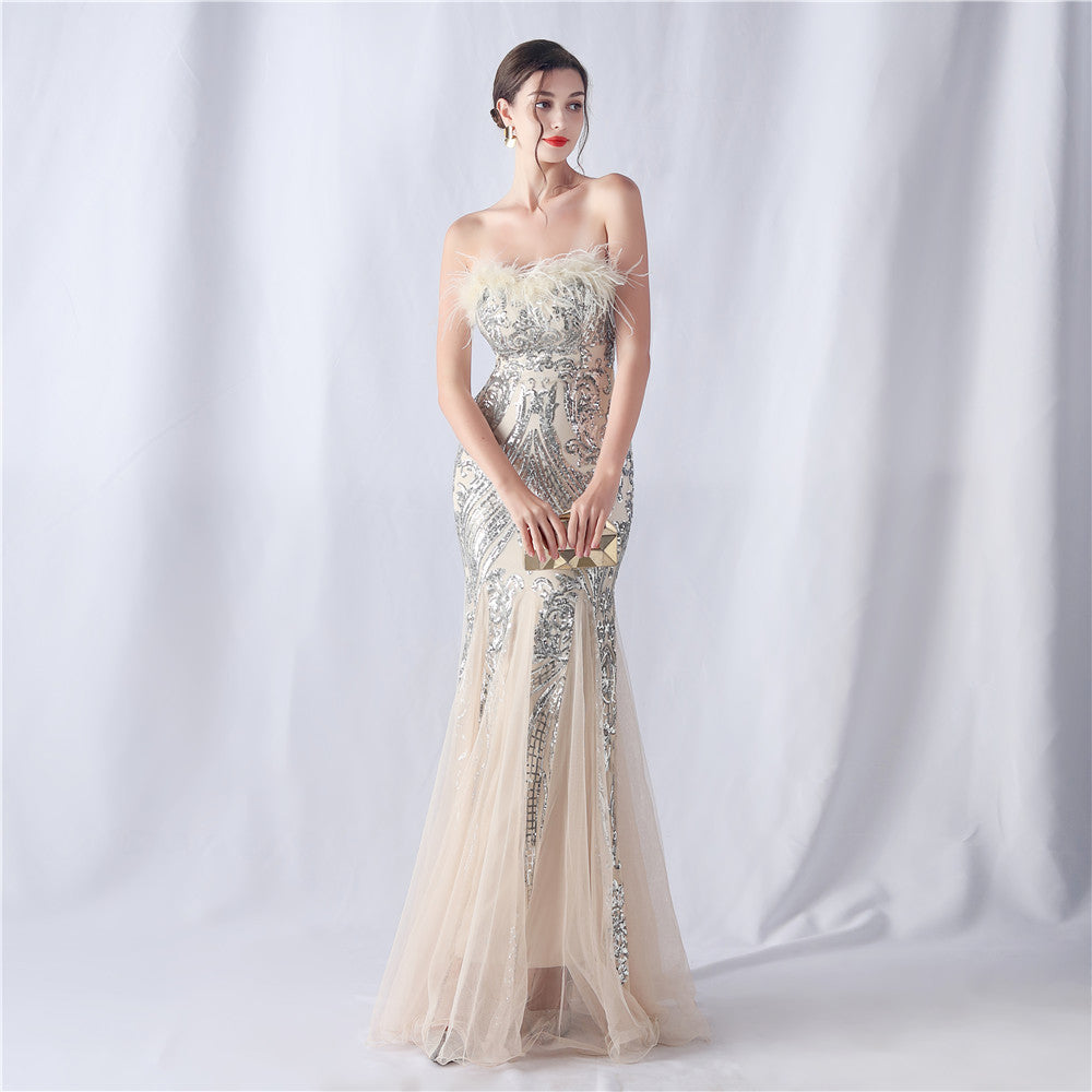 Ostrich Feather Positioning Flower Cutting Wedding Annual Meeting Tube Top Sequin Gauze Evening Dress