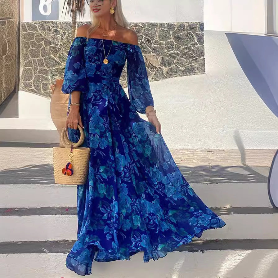 Attractive off Neck Printed Large Swing Maxi Dress