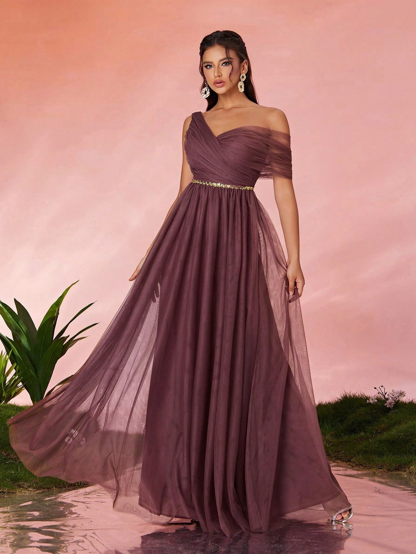 Evening Dress Slim Fit Maxi Dress Slimming Shoulder Hollow Out Cutout Annual Meeting Host Polished Dress