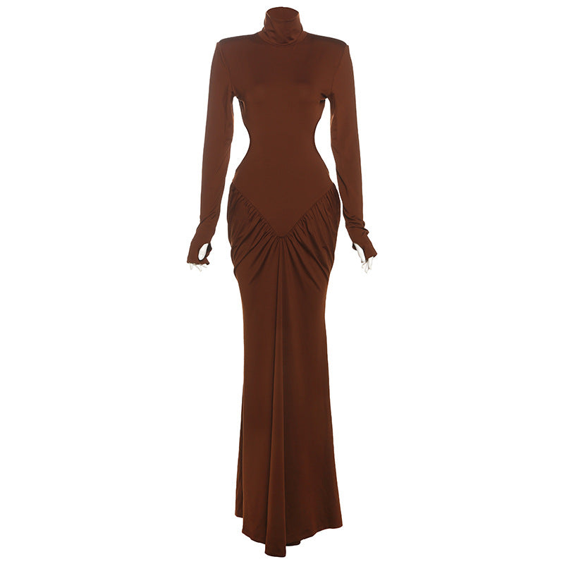 Summer Women Clothing High Collar Slim Attractive Backless Solid Color Maxi Dress