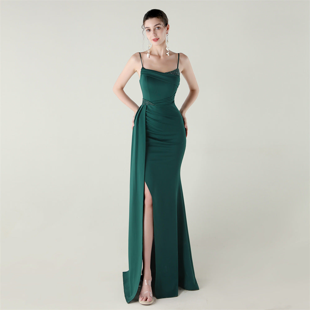 Bandeau Sling Satin Beaded Fishtail Evening Dress Dinner Wedding Dignified Sexy Graceful Dress