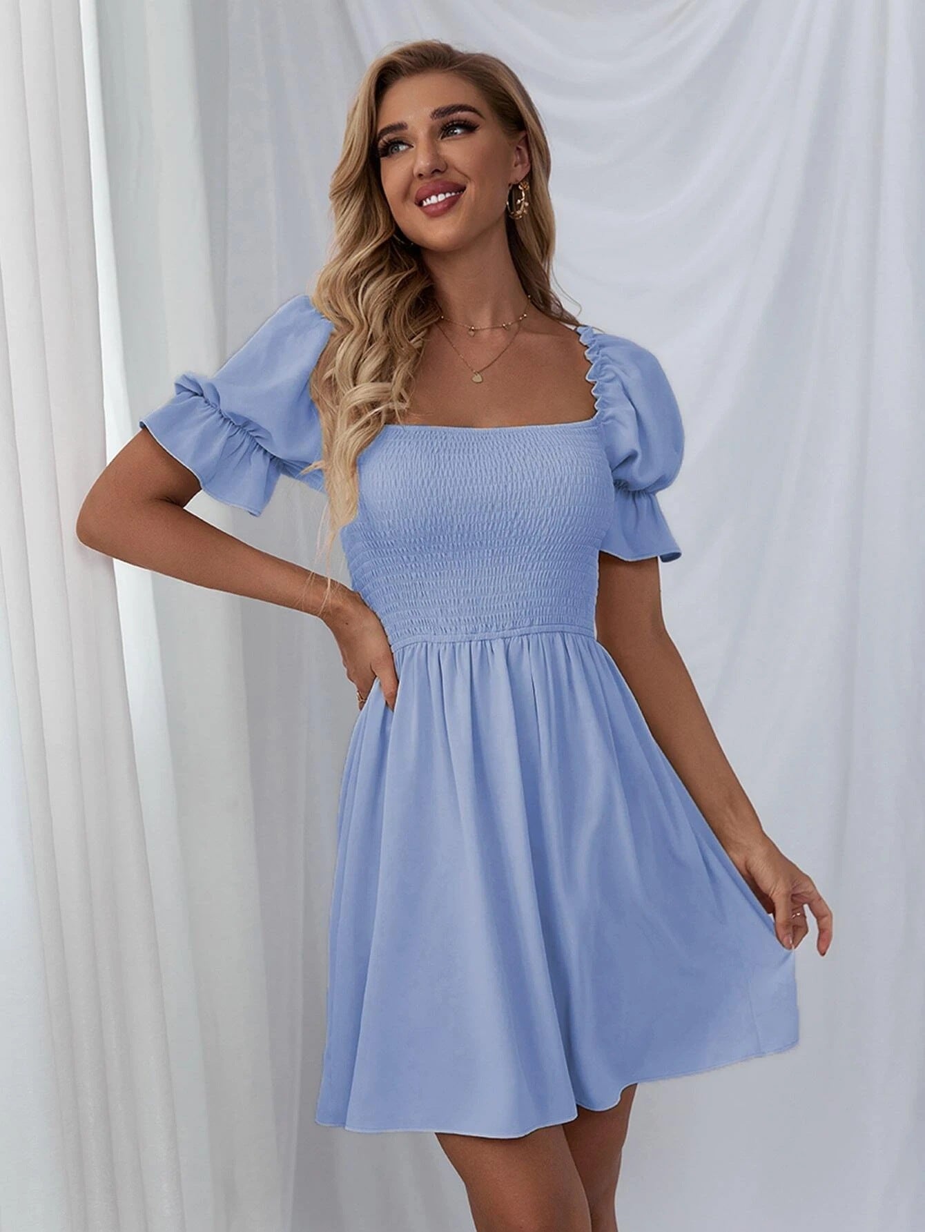 Linen Leroy Blend Puff Sleeve Babydoll Dress Aqua