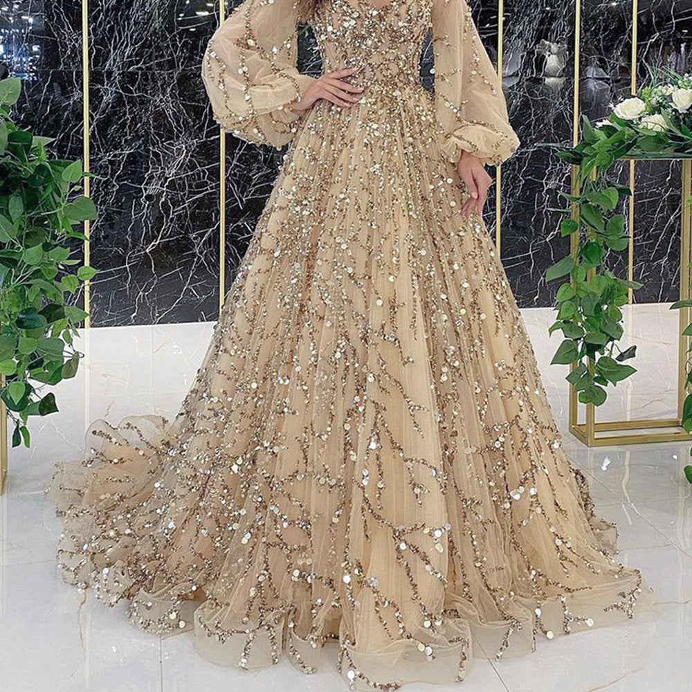 Gold Heavy Industry Beads Premium Evening Dress Sexy Socialite Aura Queen Maxi Dress