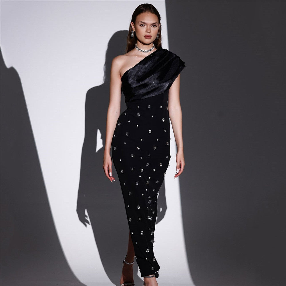 Shoulder Oblique Rhinestone Voile Bandage Dress Debutante Gala Dinner Dress