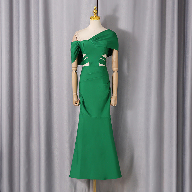 Spring Maxi Dress Solid Color Women Clothing Attractive off the Shoulder Slim Fit Slimming Tight Sheath Dress Women