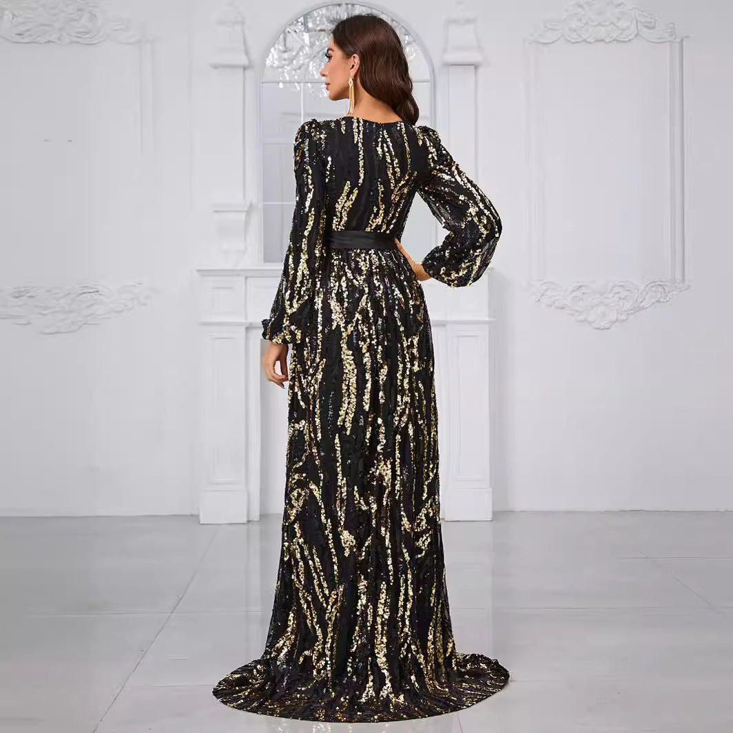 Women Prom Evening Dress Sequined Lace up Random Printed V neck Long Sleeve Light Premium Party Evening Dress
