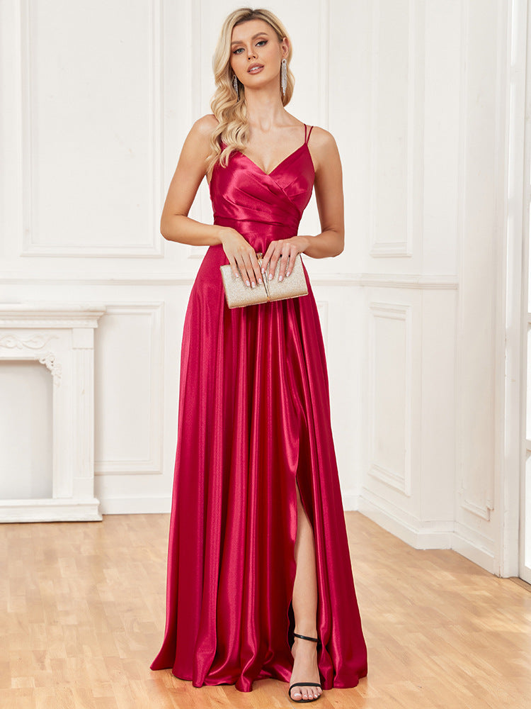 Chic Sling Silk Dress Backless Blue Maxi Dress Bridesmaid Evening Dress Women