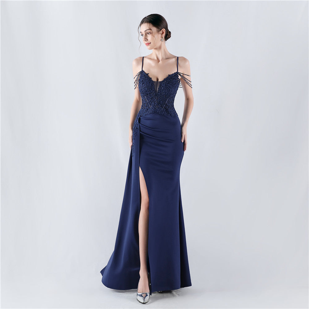 Dress Heavy Embroidery Drilling Order Flower Waist Boning Corset Beaded Satin Evening Dress Annual Meeting Wedding