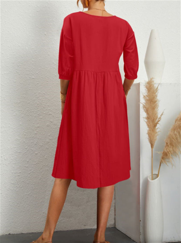 Cotton Sheridan Pocketed Babydoll Dress Red