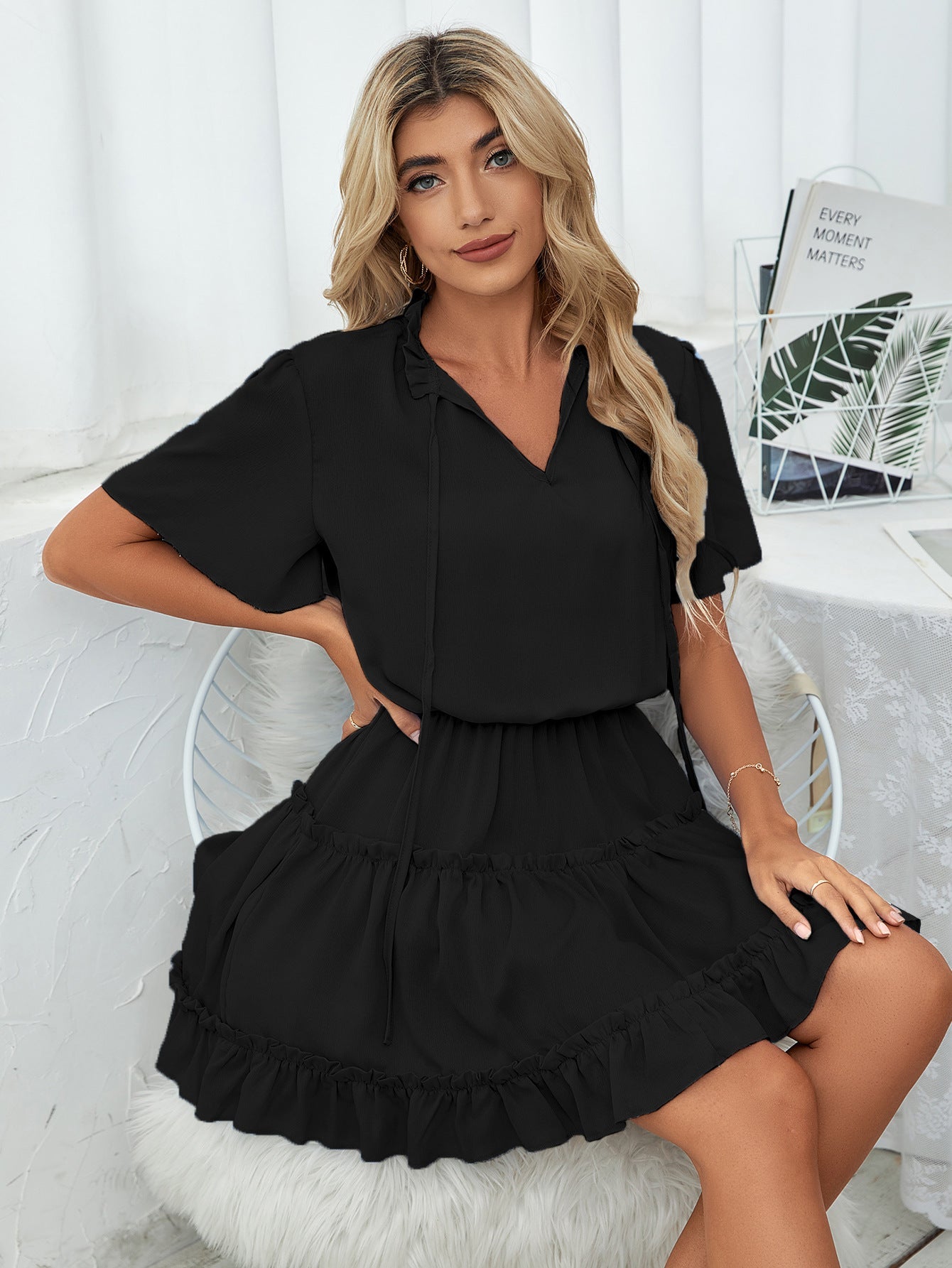 It Slow Down Smocked Tassel Dress Black