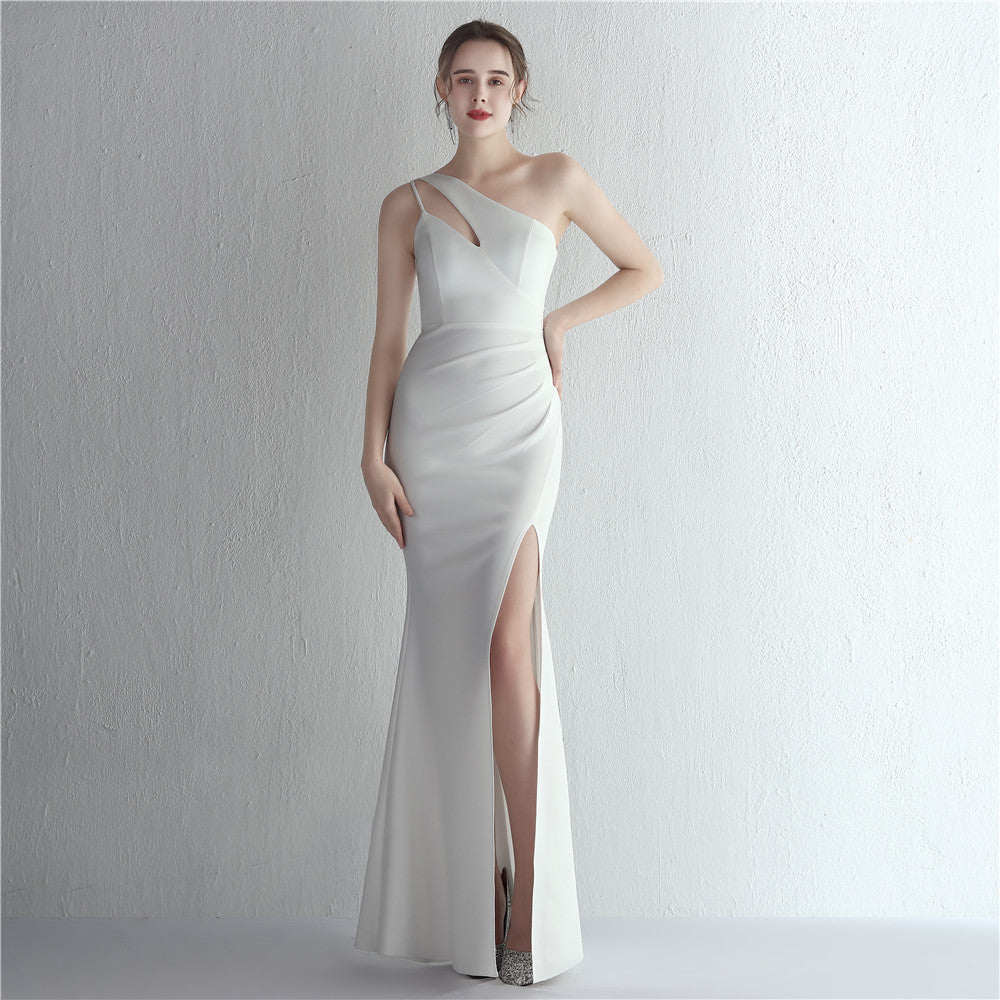 Satin Slim Fit One Shoulder Extended Debutante Gala Dinner Slimming Fishtail Wedding Car Model Exhibition Dress
