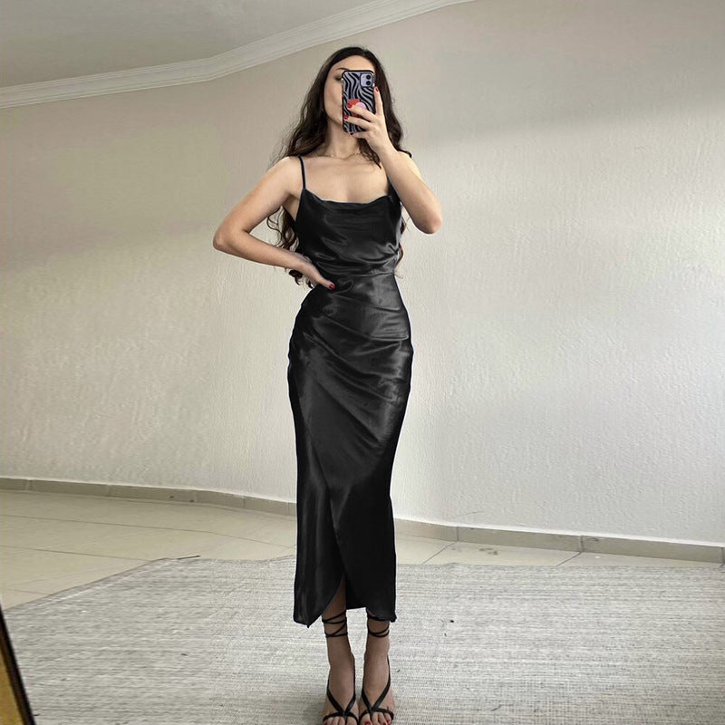 Chic Sexy Low Cut Satin Split Sling Dress Slim Backless Maxi Dress