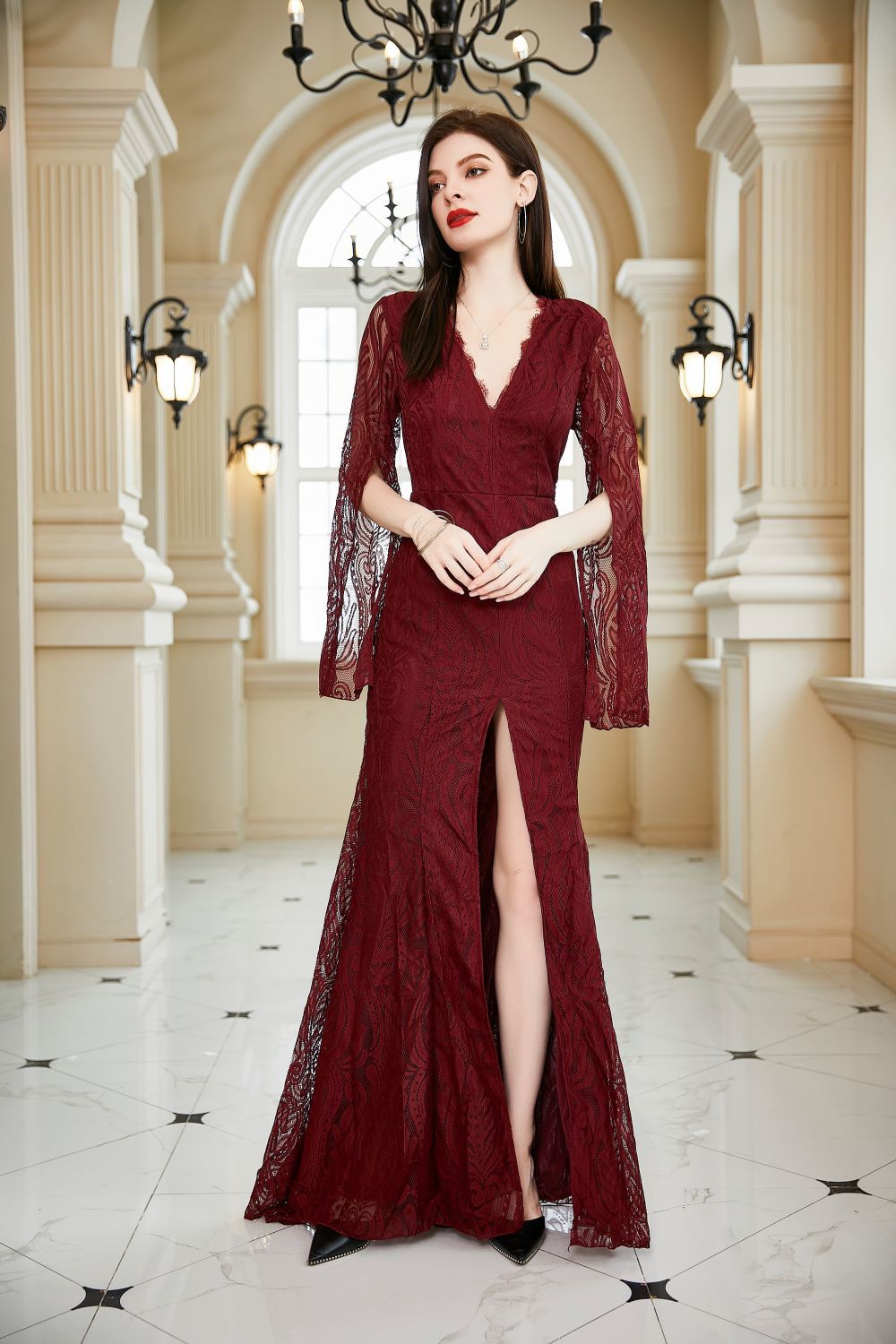 Women Clothing Lace Dress Wedding Bridesmaid Extended Sleeve V neck Slim Hip Wine Red Dress