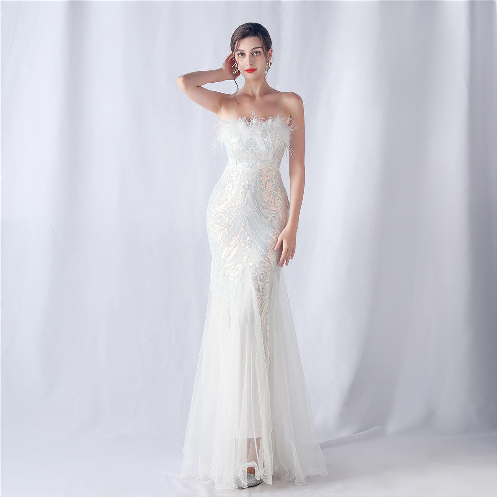 Ostrich Feather Positioning Flower Cutting Wedding Annual Meeting Tube Top Sequin Gauze Evening Dress