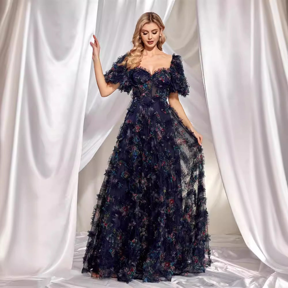 Evening Wear High Grade Botanical U Neck Evening Dress Short Sleeve Slim Fit Party Cocktail