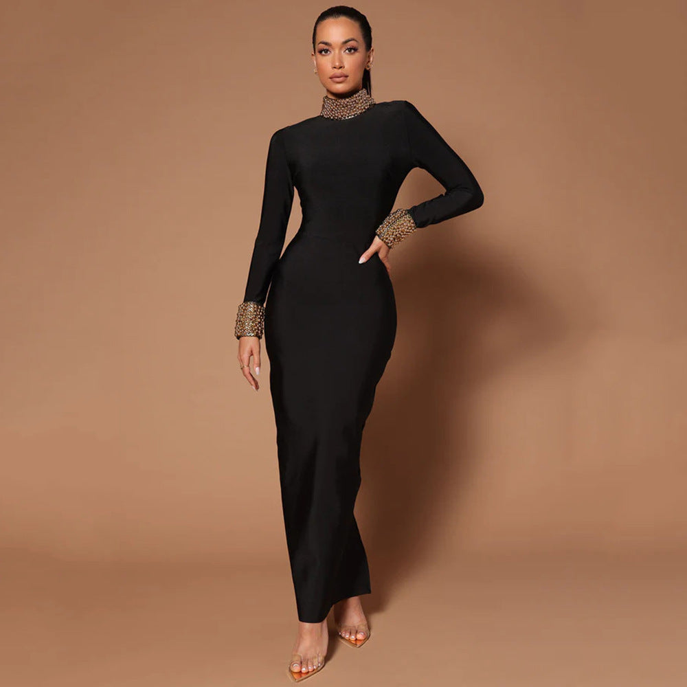 Bead Diamond Long Sleeve Bandage Dress Backless Party Cocktail Dress