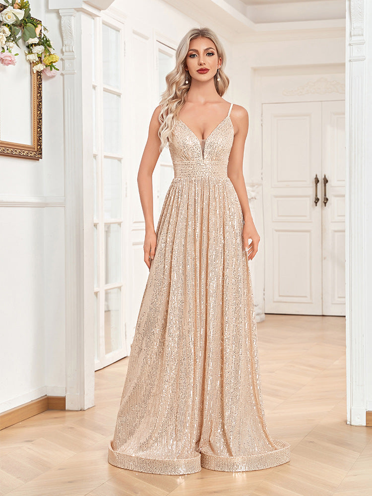 Sequined Backless Evening Dress Deep V Plunge neck Bridesmaid Dress Party Sophisticated Dress Cocktail