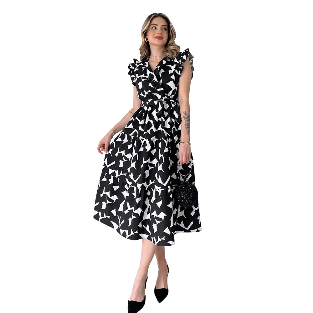 Refined Dress V neck Slimming Waist Trimming Lace up Black White Printed Midi Dress